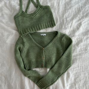 Green cropped sweater cardigan and tank set
